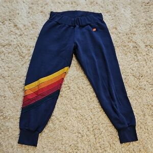 Aviator Nation Blue and Yellow Sweat Pants with Retro Stripes